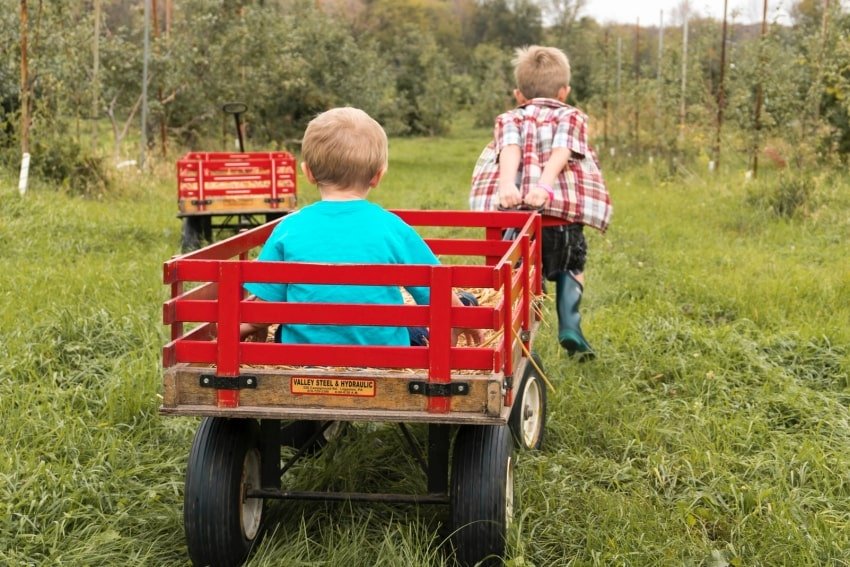 kids playing with wagons