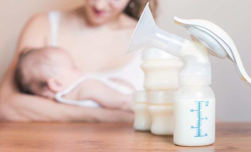breast pumps and a mother with her child