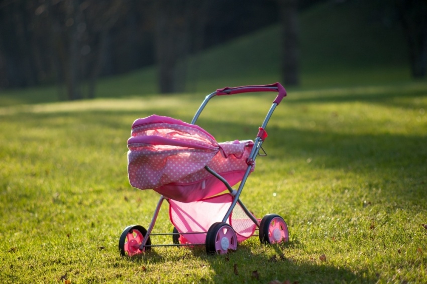 pink stroller in a park