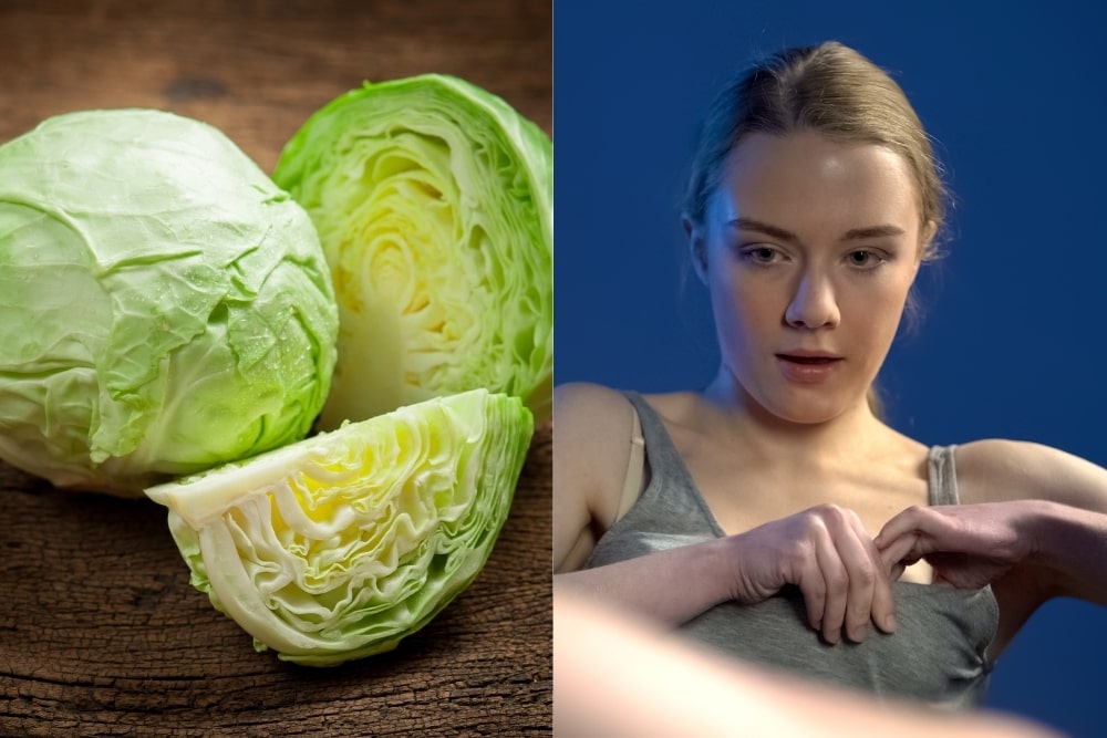 woman putting cabbage in her bra