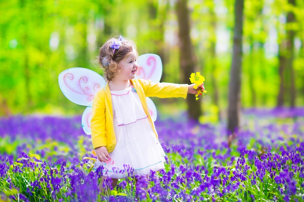 Little girl in fairy costume in blue bell field