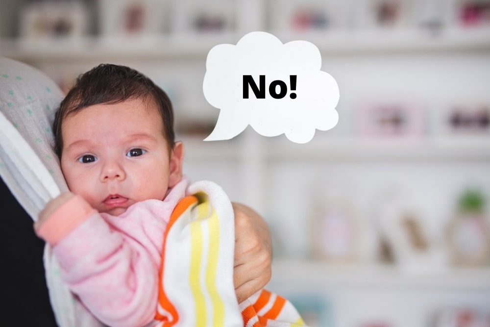 baby with thought bubble saying no