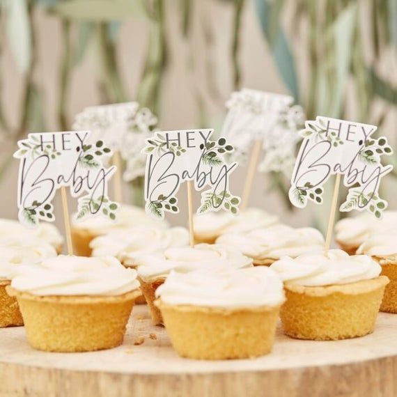 Baby Shower, BOTANICAL HEY BABY Shower Cupcake Toppers