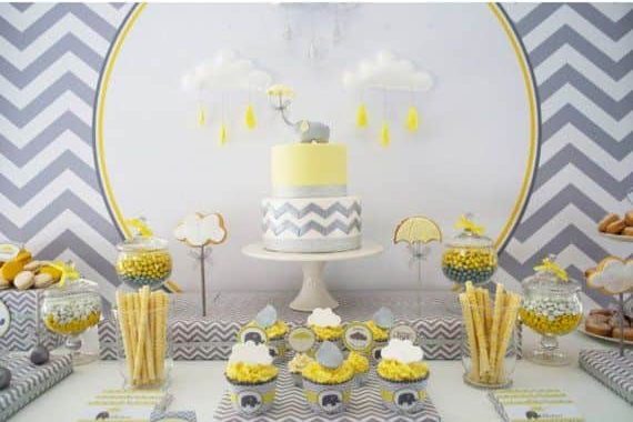 Yellow and Grey Elephant Baby Shower Chevron Printable Backdrop – Instant Download File