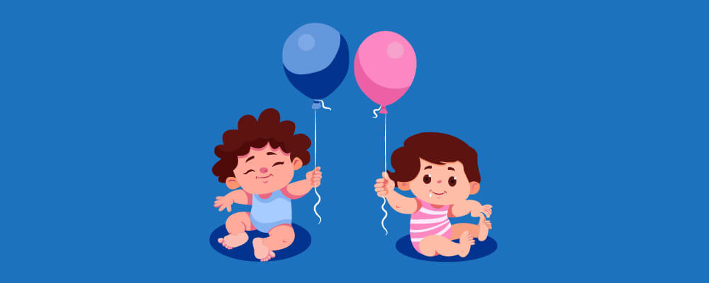 Two babies holding a balloon each a baby boy with blue balloon and a baby girl with a pink one